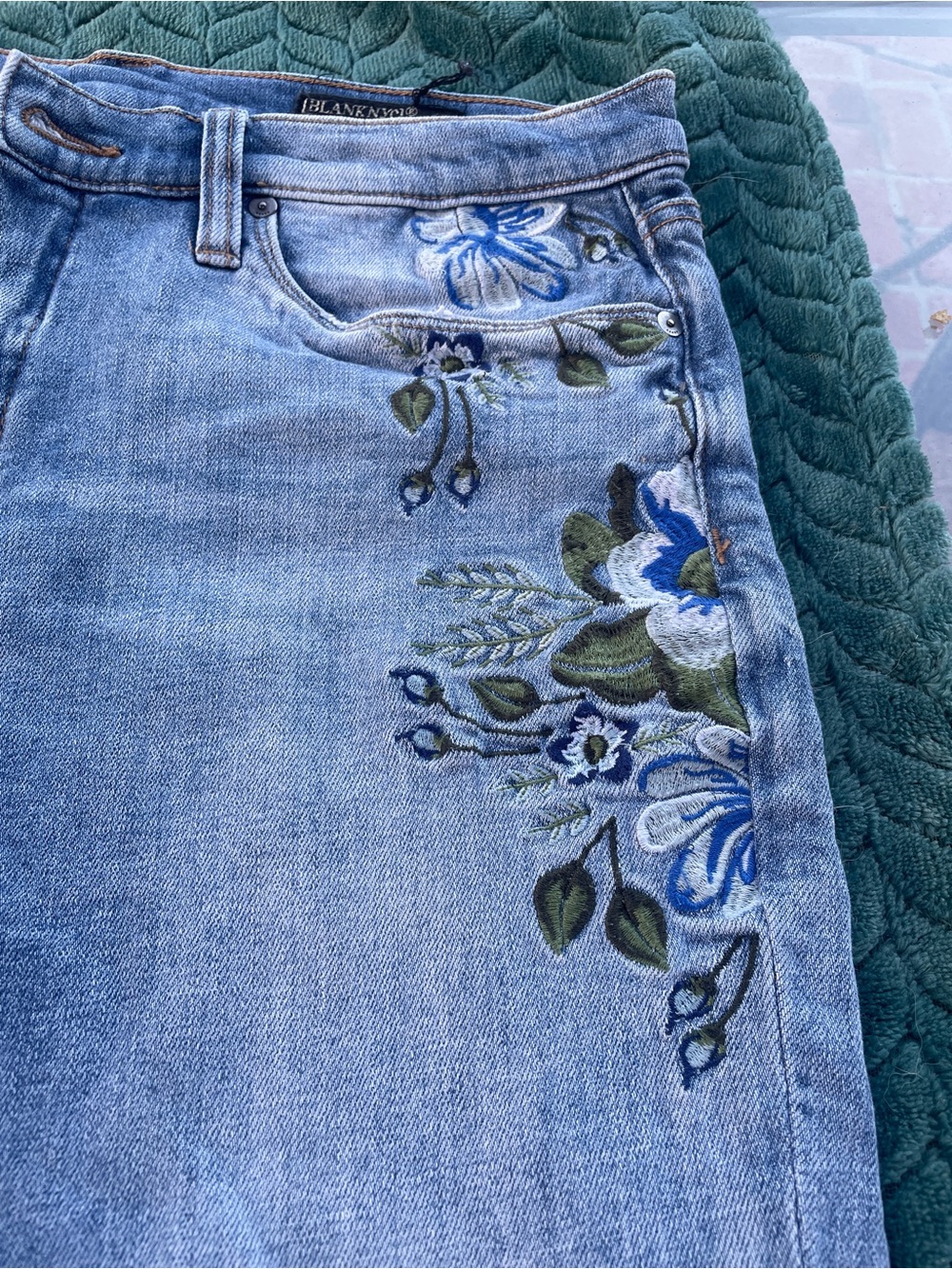 Blank NYC Light Blue Straight Leg Jeans with Blue & Green Floral Embroidery